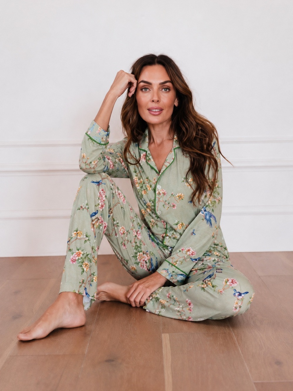JessaKae Bird & Floral Print Bamboo Pajama Set Sage Green Women’s Size 1x/2x